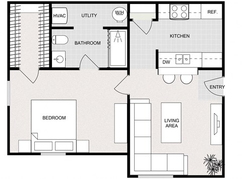 Floor plan for 1 bed, 1 bath, 598 sqft